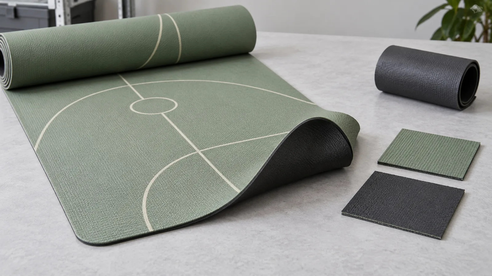 Thảm yoga được in và các mẫu vật liệu cơ bản riêng biệt được sắp xếp để minh họa lộ trình sản xuất