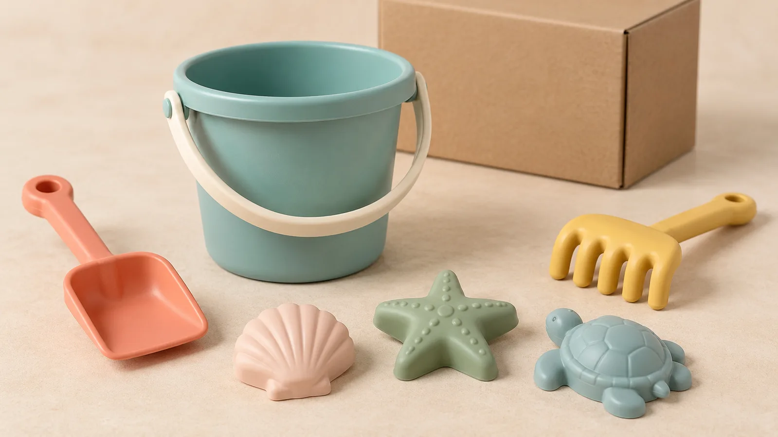 Xô đồ chơi bãi biển màu pastel thông thường có xẻng, cào và ba khuôn cát trên bề mặt studio sạch sẽ