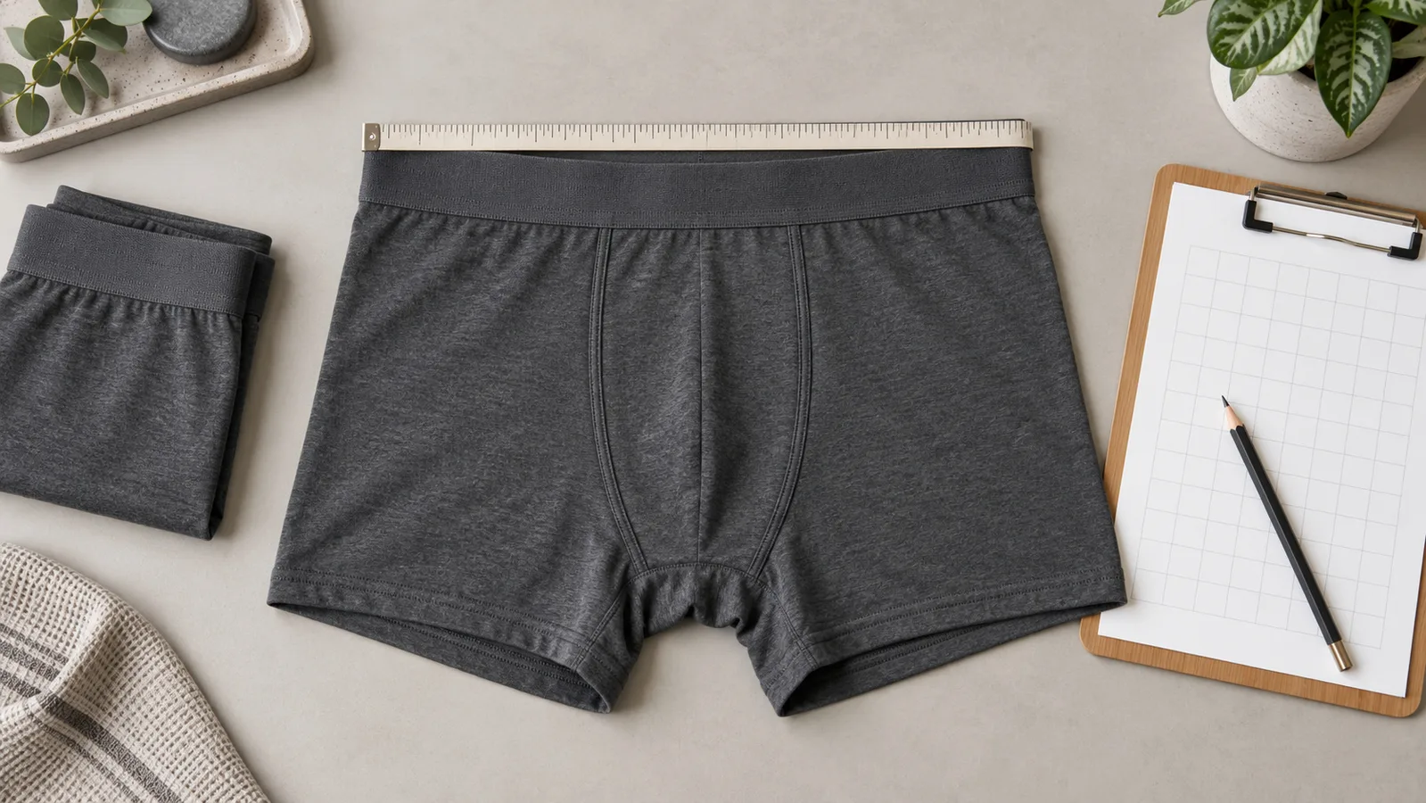 Đồ lót được đặt phẳng bên cạnh thước dây và bản ghi số đo trống để minh họa