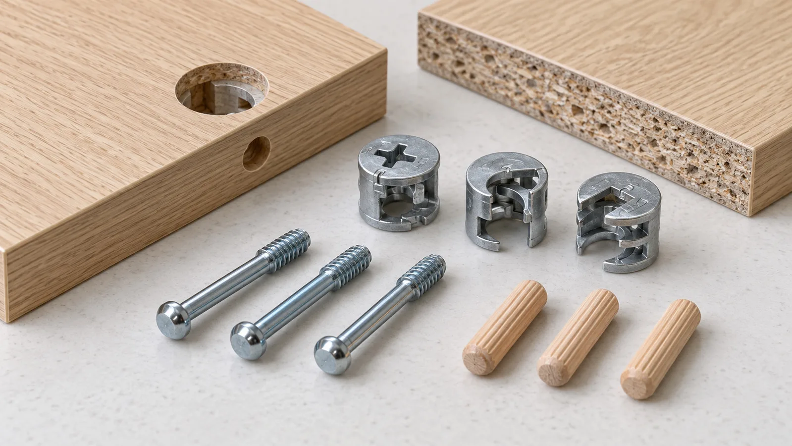 Khớp nối bảng đồ nội thất dạng phẳng có đầu nối cam, bu-lông liên kết và chốt định vị bằng gỗ riêng biệt