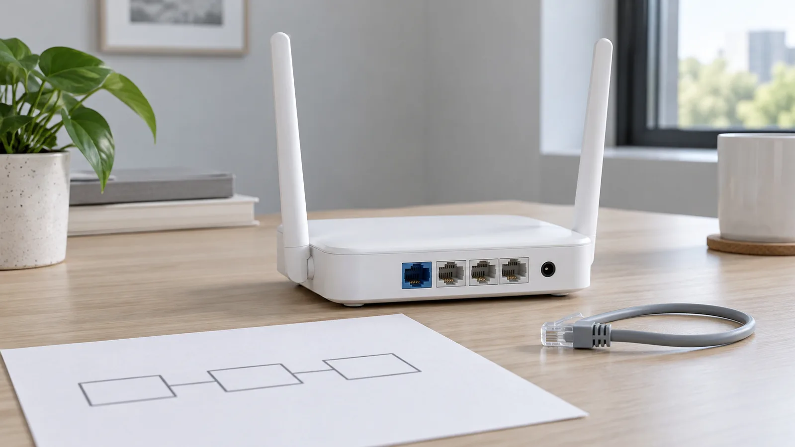 Bộ định tuyến Wi-Fi để bàn màu trắng không có nhãn hiệu với các cổng Ethernet phía sau có thể nhìn thấy bên cạnh bản phác thảo mạng đơn giản