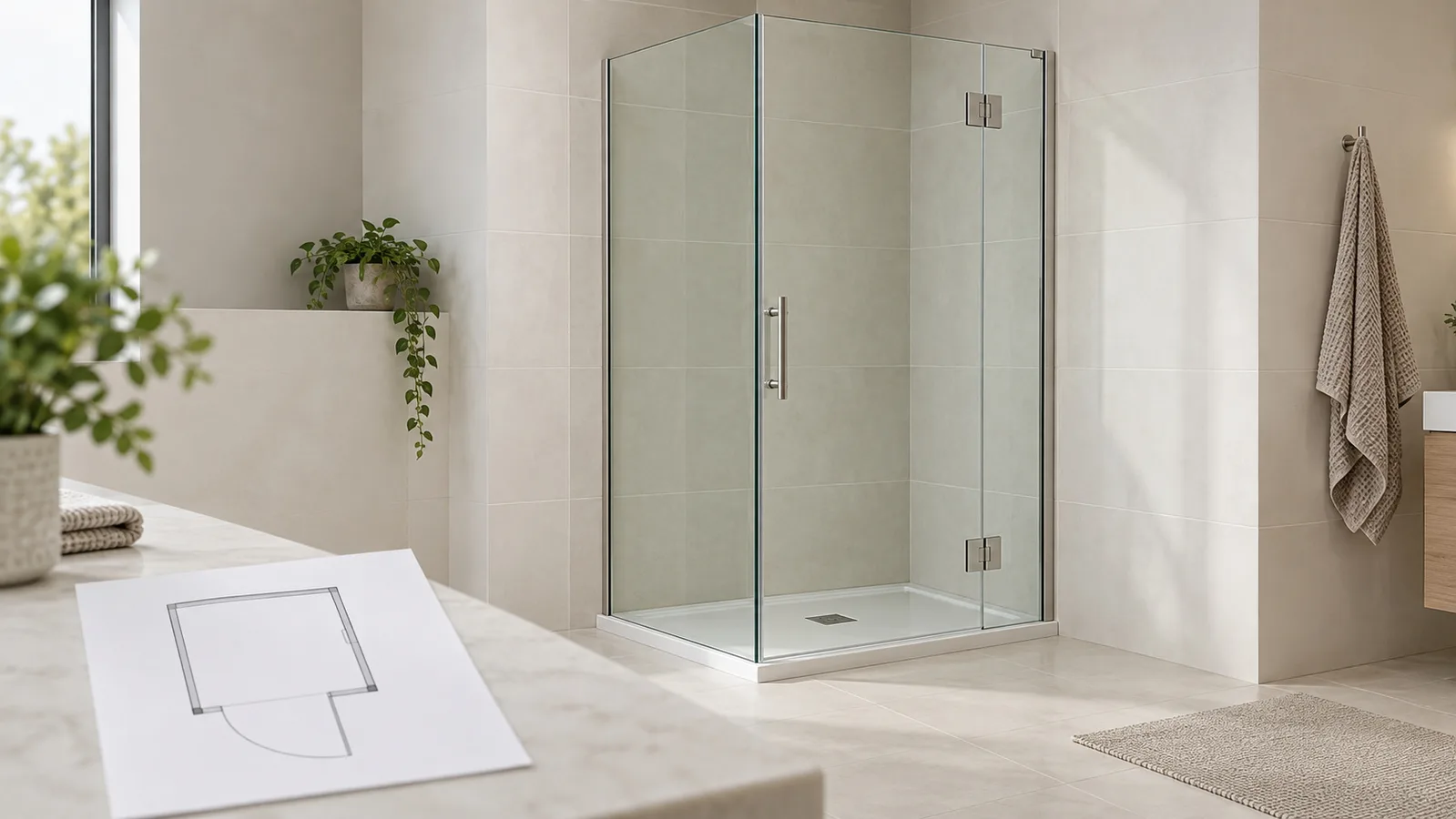 Vách tắm chung với các tấm trong suốt và phần cứng kim loại tinh tế bên cạnh bản vẽ sơ đồ đơn giản
