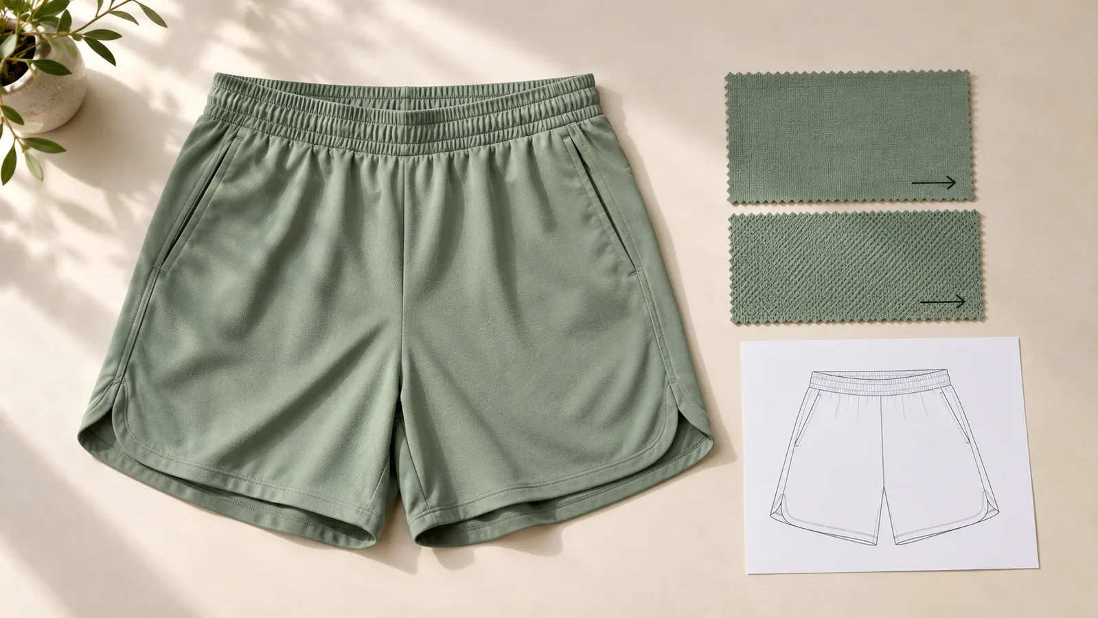 Mẫu quần short năng động bên cạnh các mẫu vải định hướng và bản phác thảo bảng