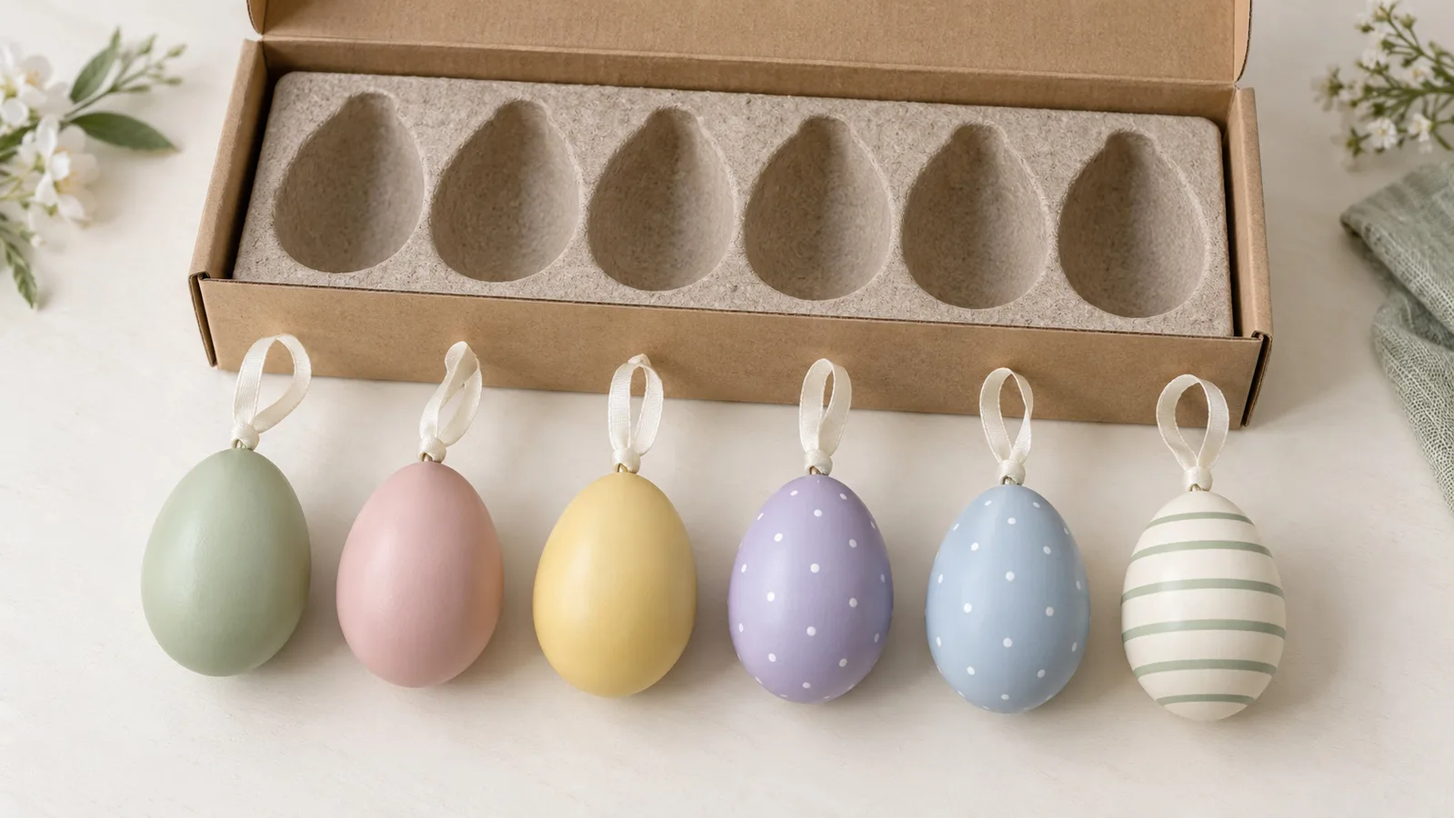 Đồ trang trí treo trứng Phục sinh màu pastel được sắp xếp bên cạnh khay đóng gói bán lẻ có ngăn